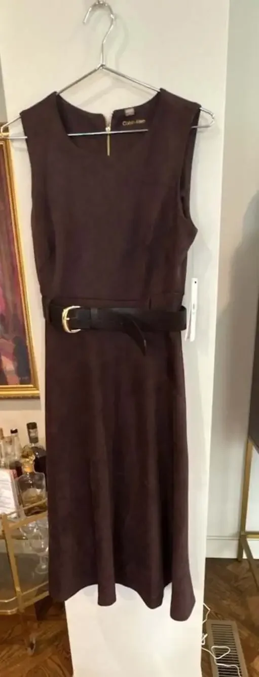 Calvin Klein Sleeveless Brown Suede A-Line Dress with Belt size 8 NEW FAST SHIP